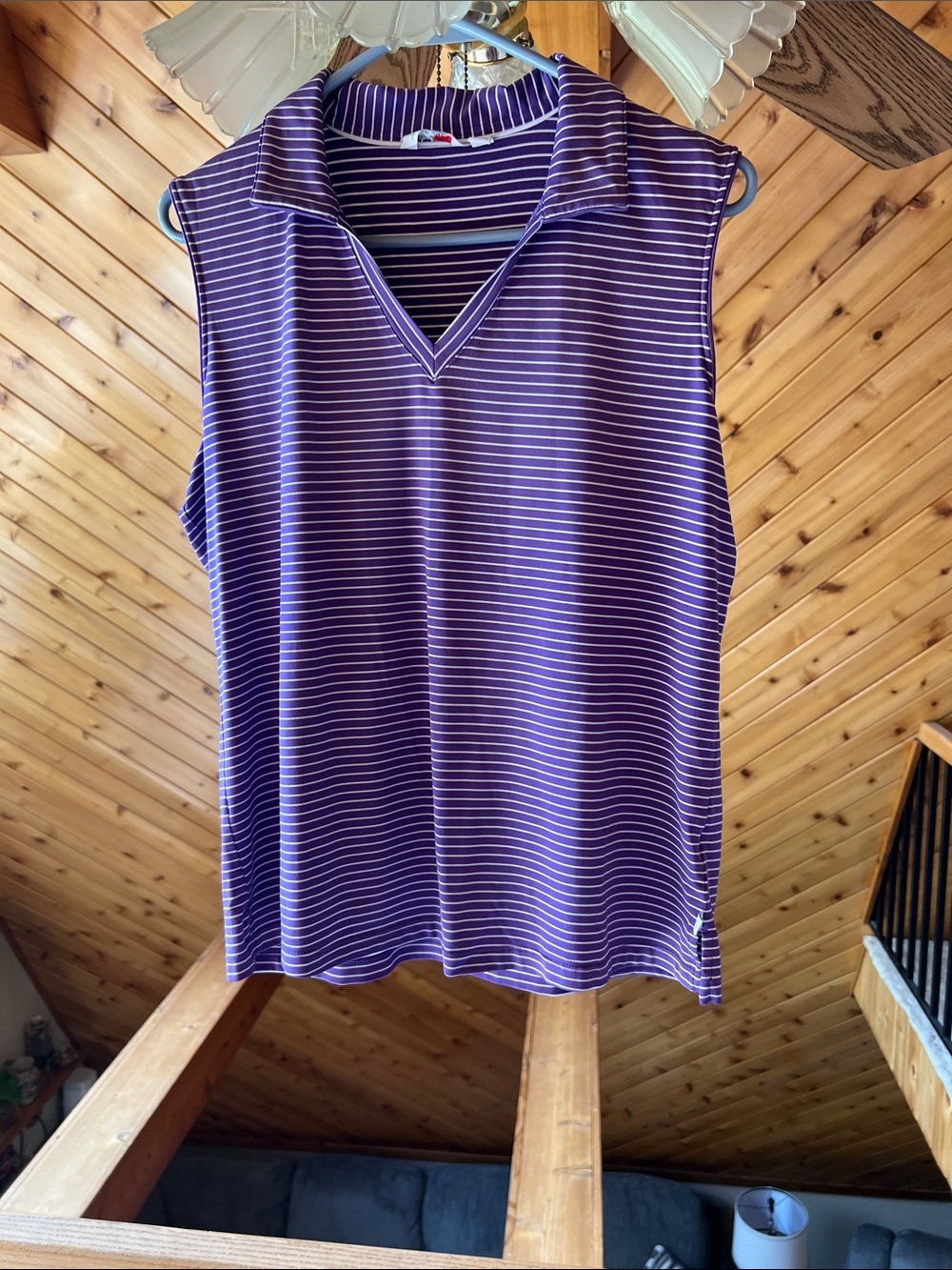 Lady Hagen Purple and White Striped Sleeveless Polo Tank
